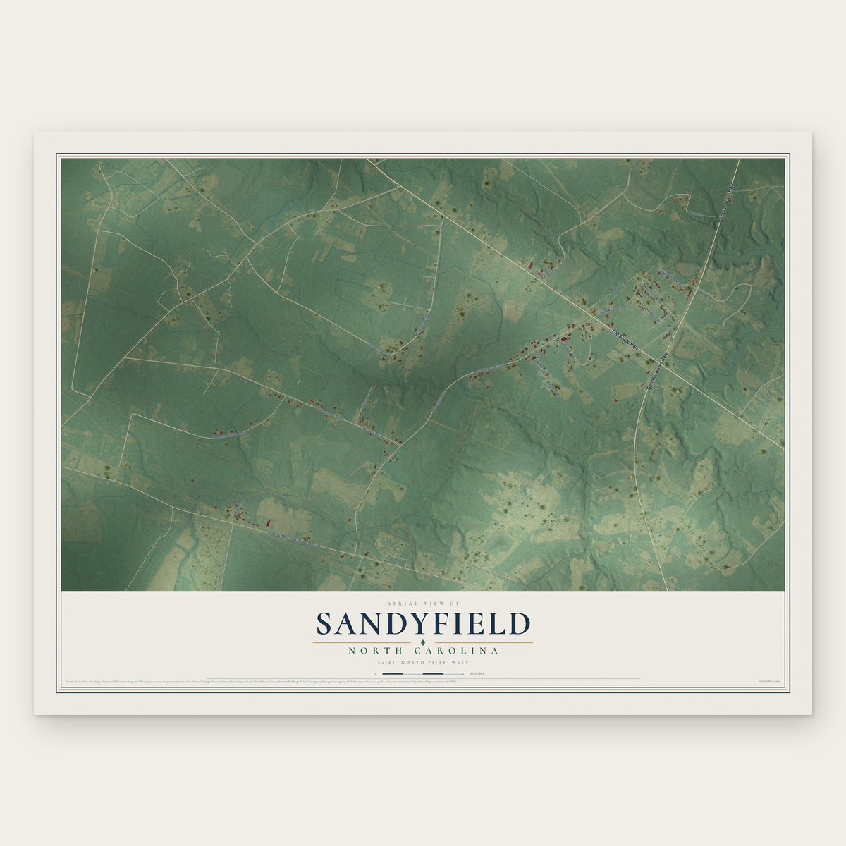 Sandyfield, North Carolina map print, the full design