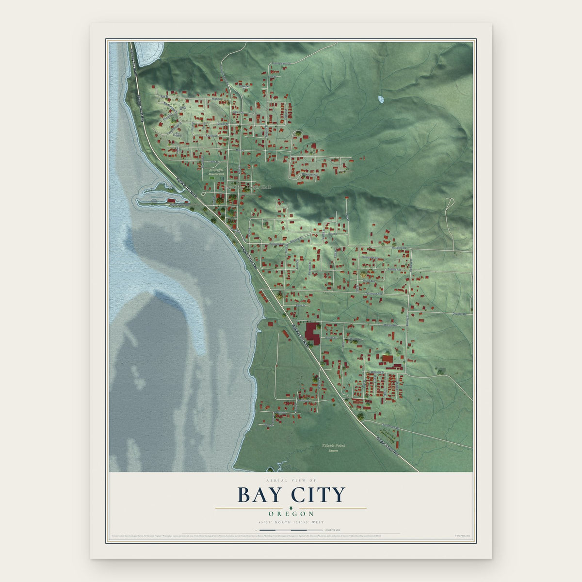 Bay City, Oregon map print, the full design