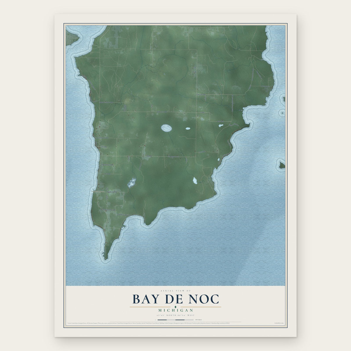 Bay de Noc, Michigan map print, the full design