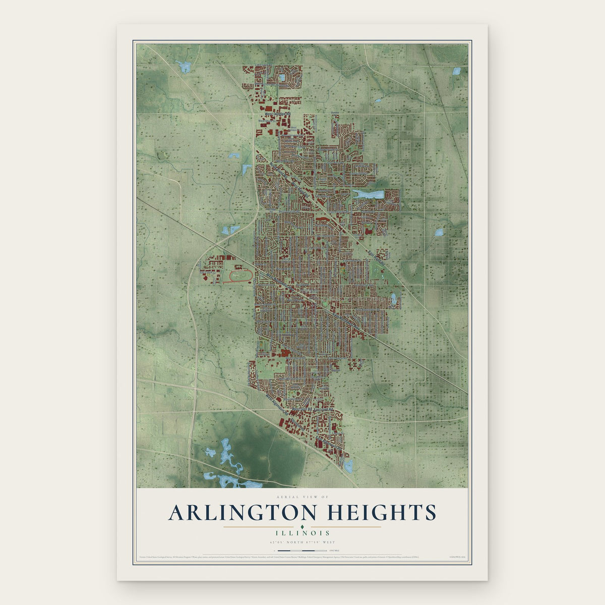 Arlington Heights, Illinois map print, the full design