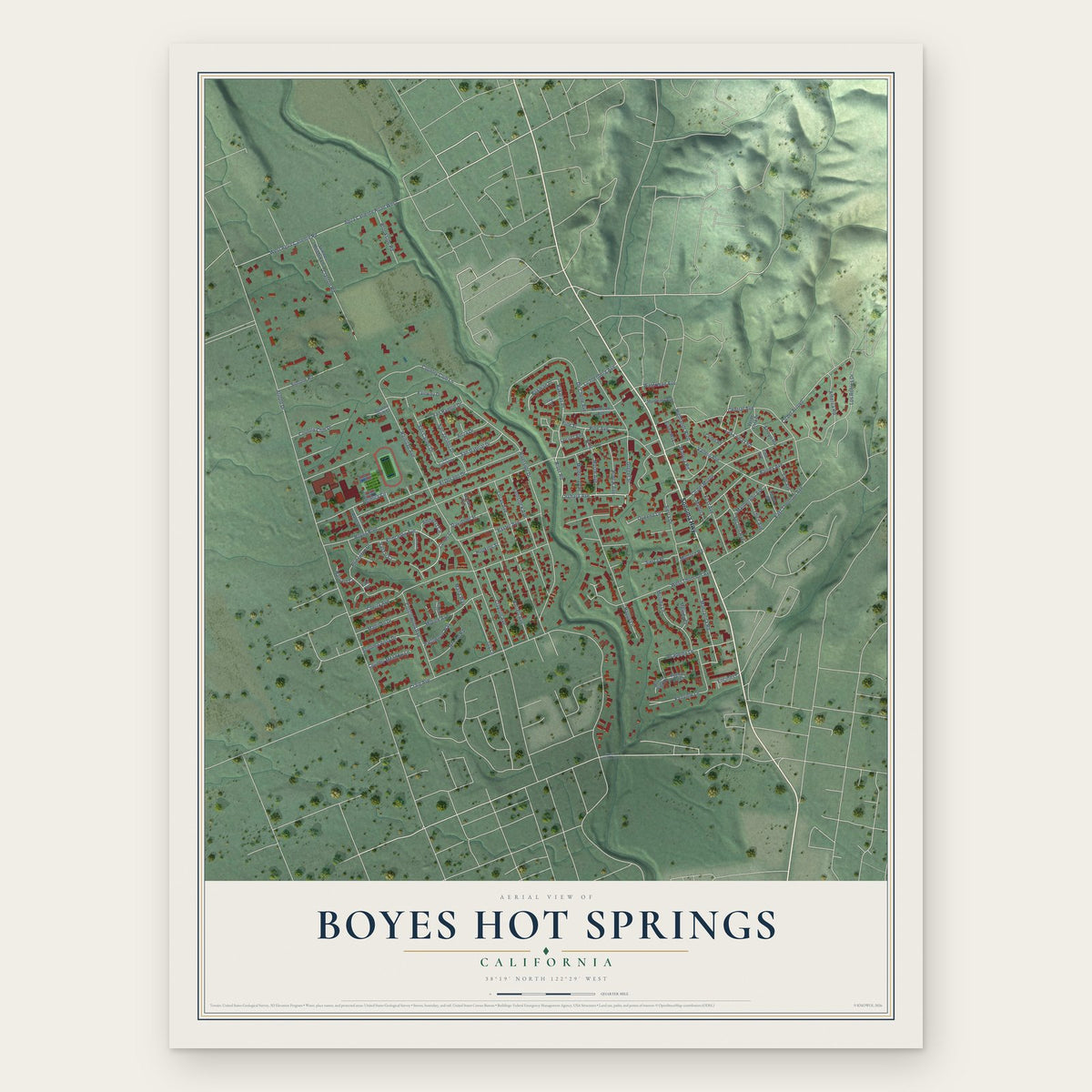 Boyes Hot Springs, California map print, the full design