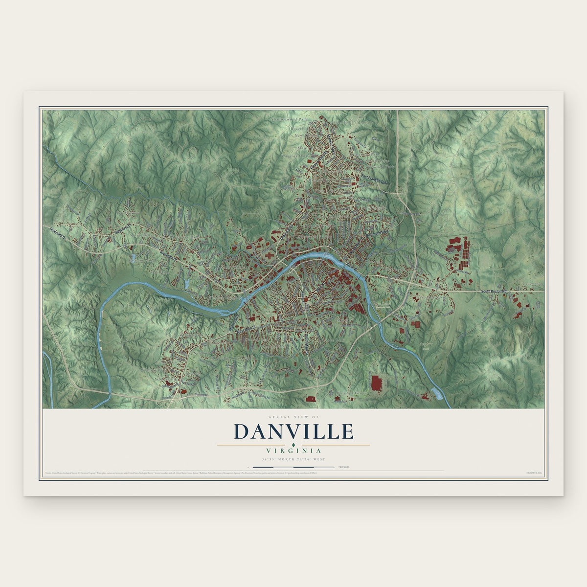 Danville, Virginia map print, the full design