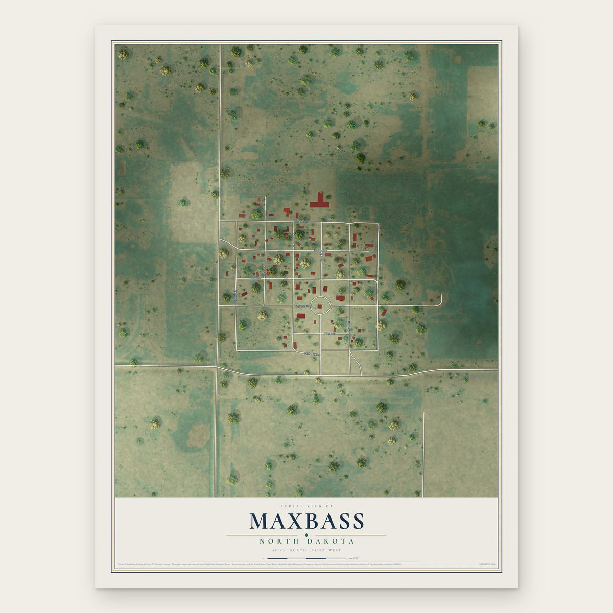 Maxbass, North Dakota map print, the full design