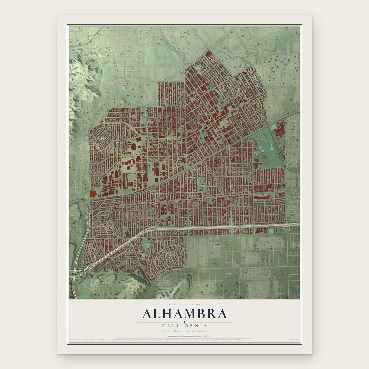Alhambra, California map print, the full design