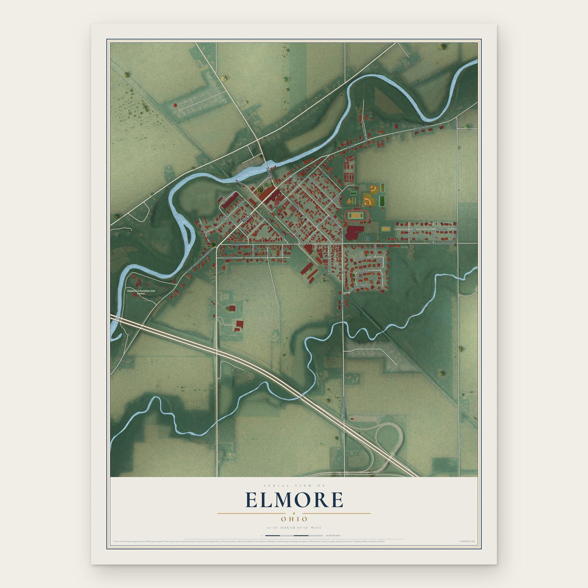 Elmore, Ohio map print, the full design