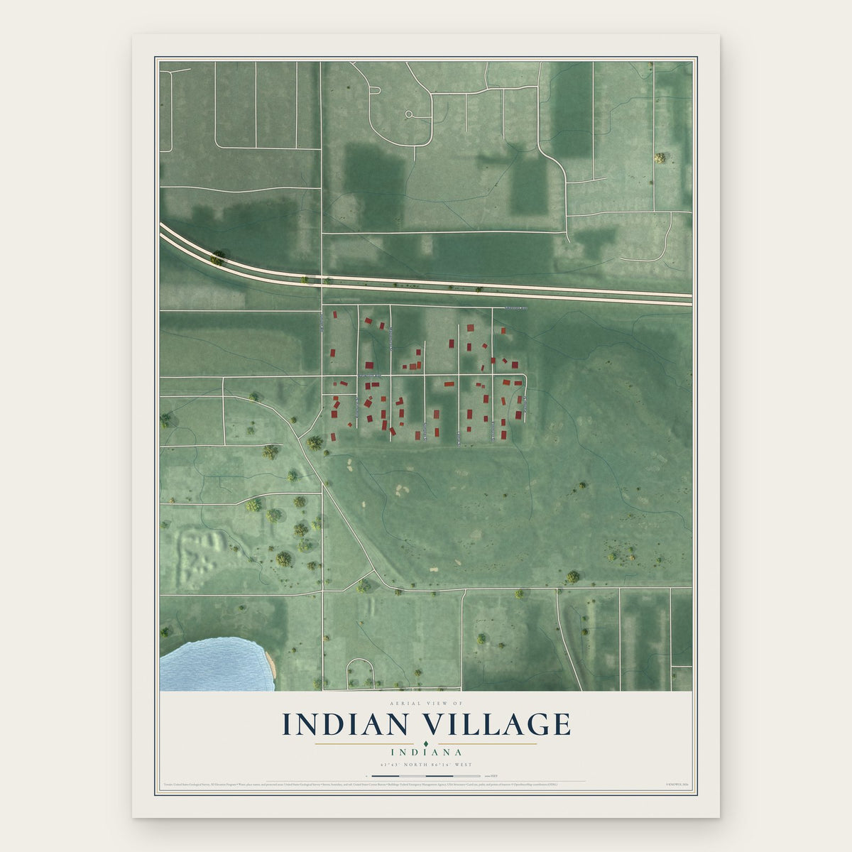 Indian Village, Indiana map print, the full design