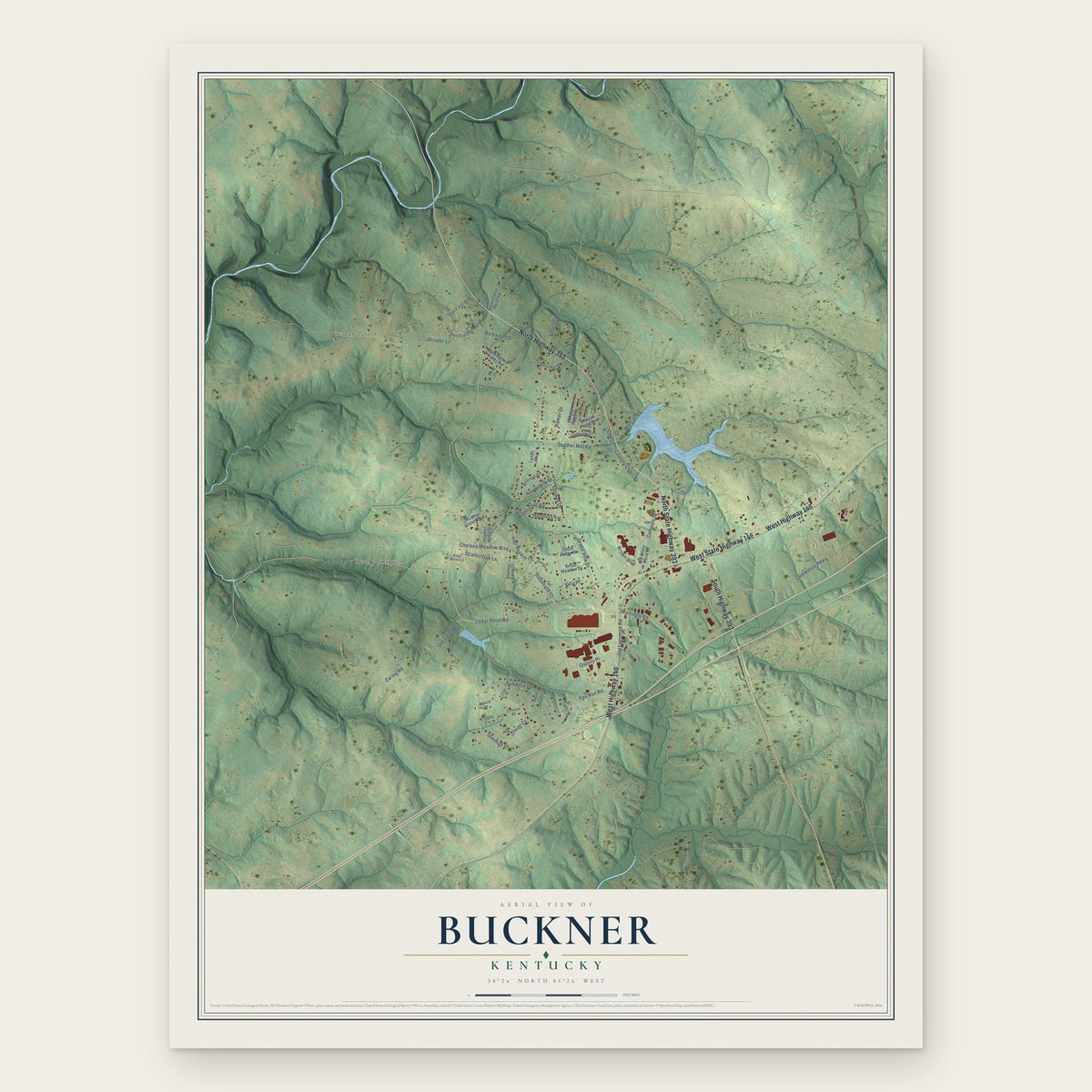 Buckner, Kentucky map print, the full design