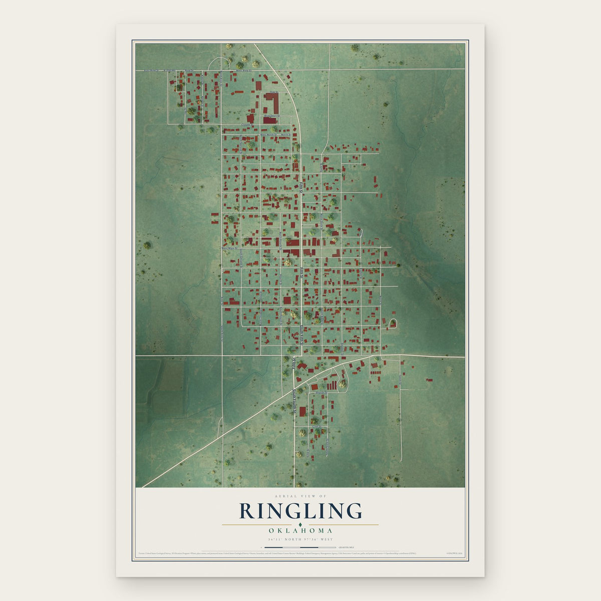 Ringling, Oklahoma map print, the full design
