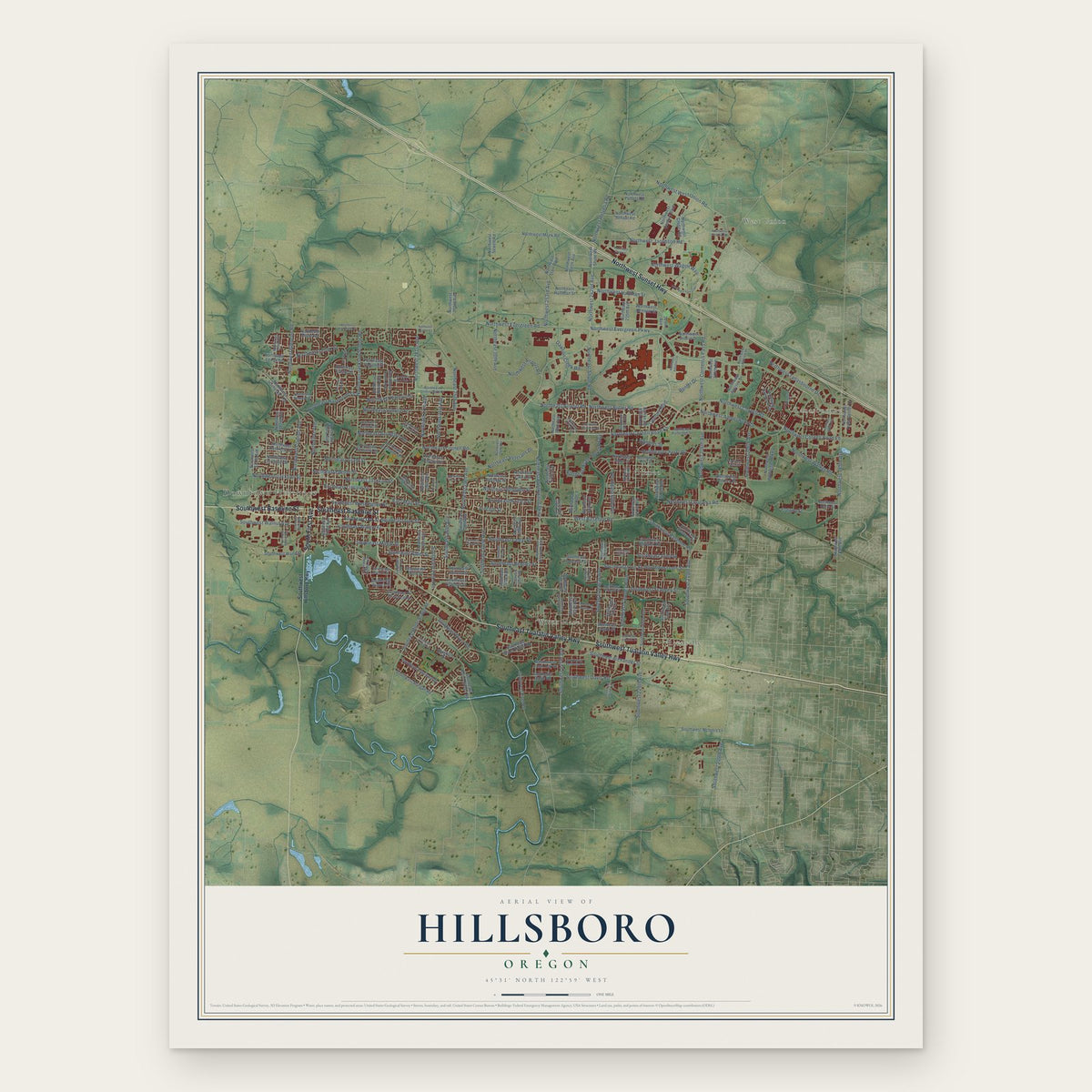 Hillsboro, Oregon map print, the full design