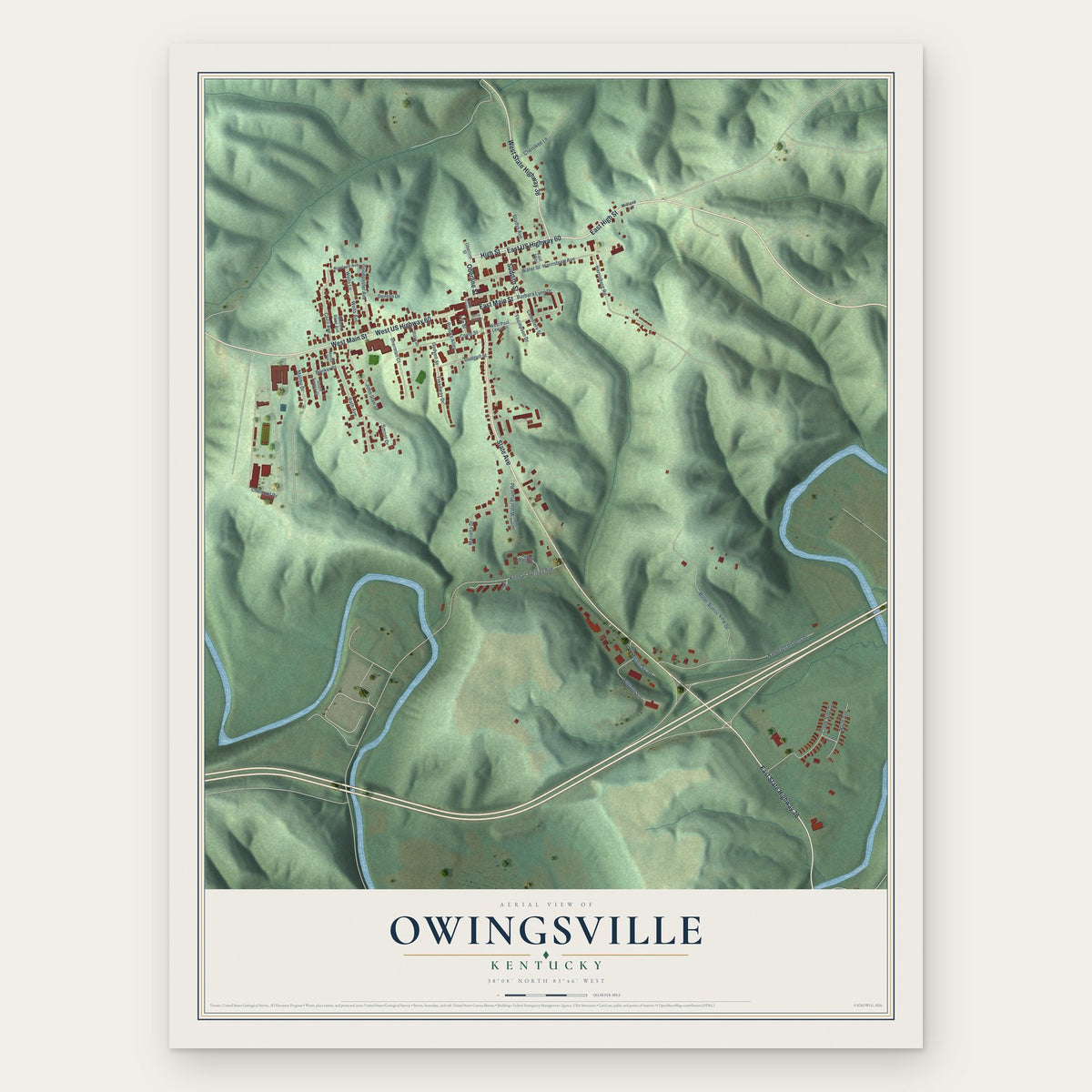Owingsville, Kentucky map print, the full design