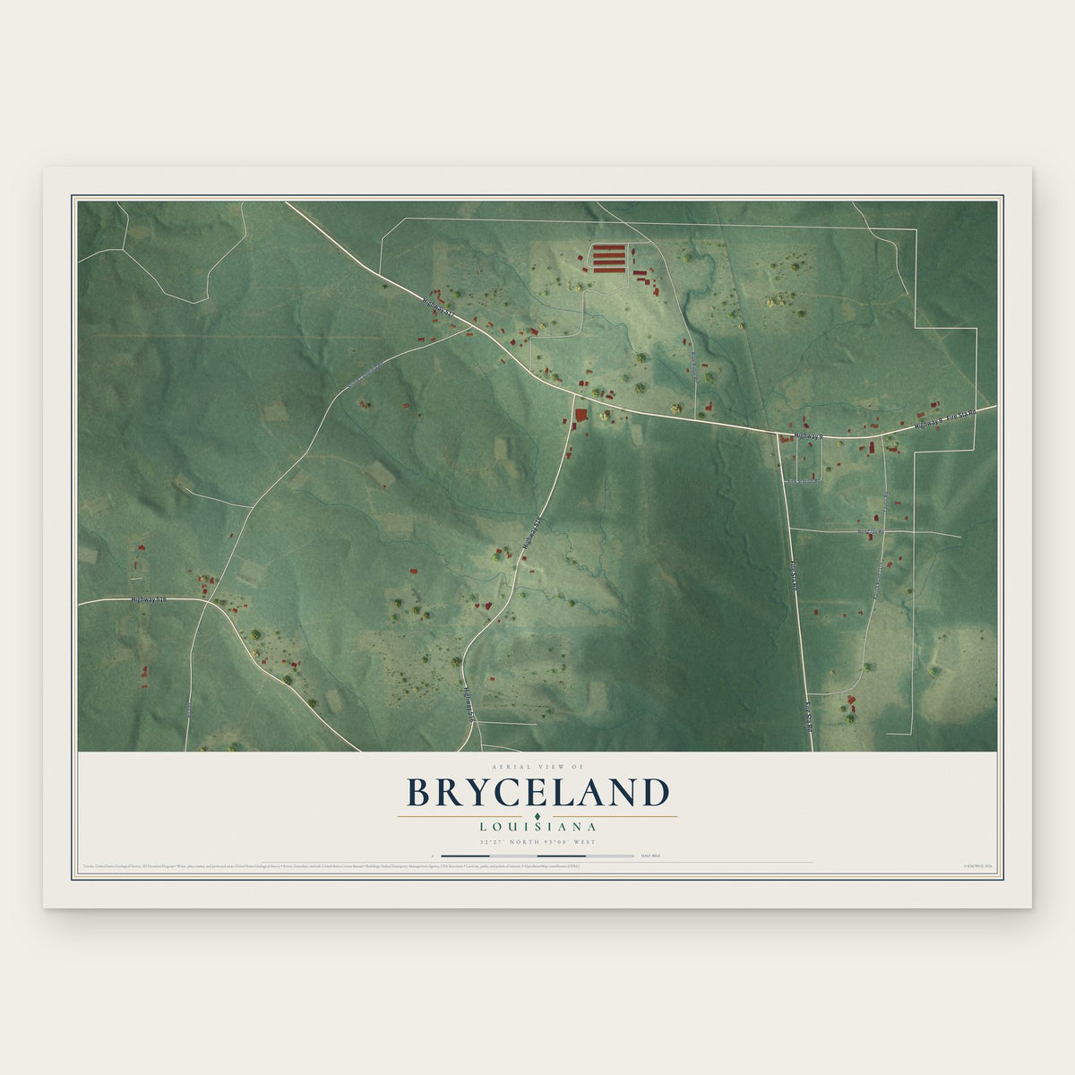 Bryceland, Louisiana map print, the full design