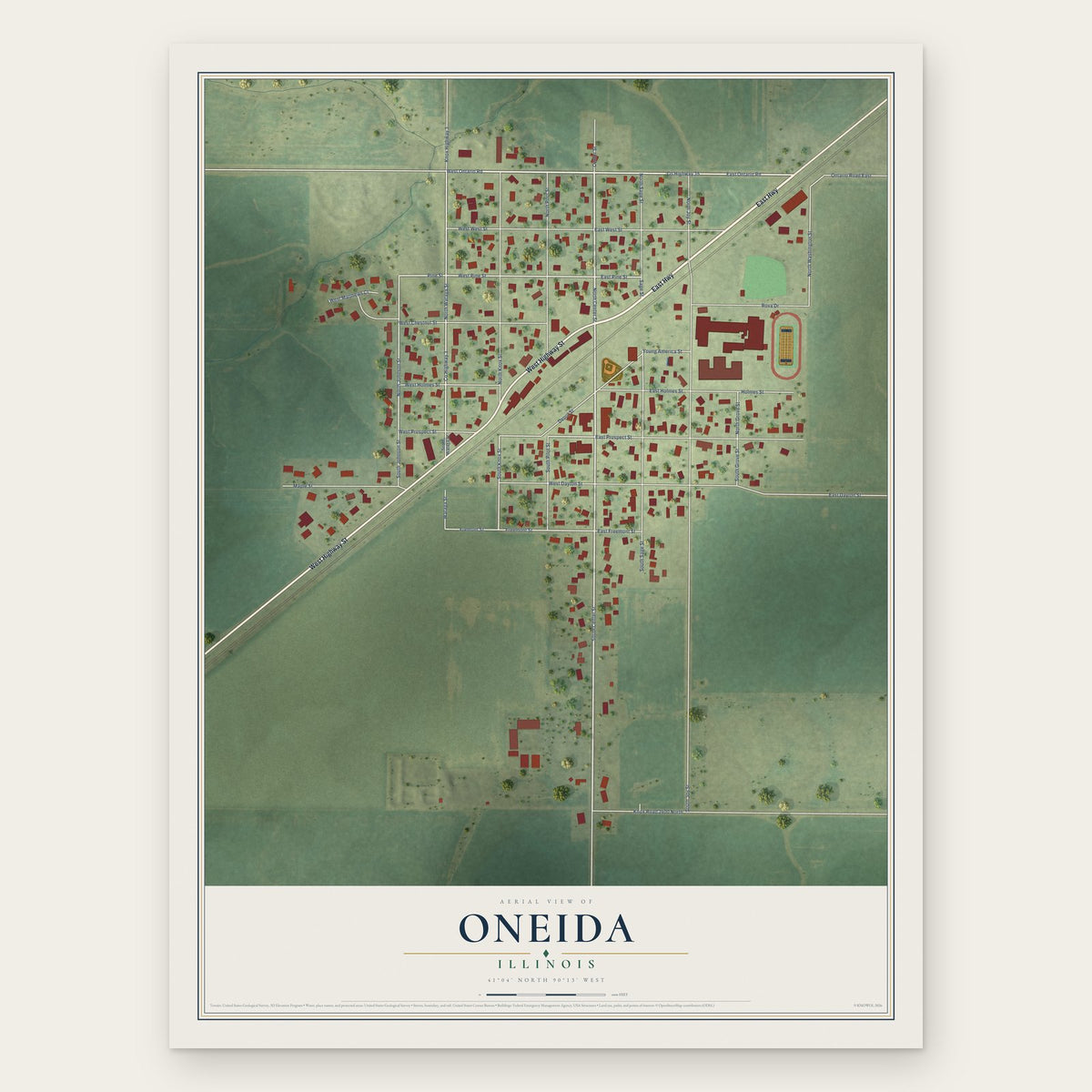 Oneida, Illinois map print, the full design