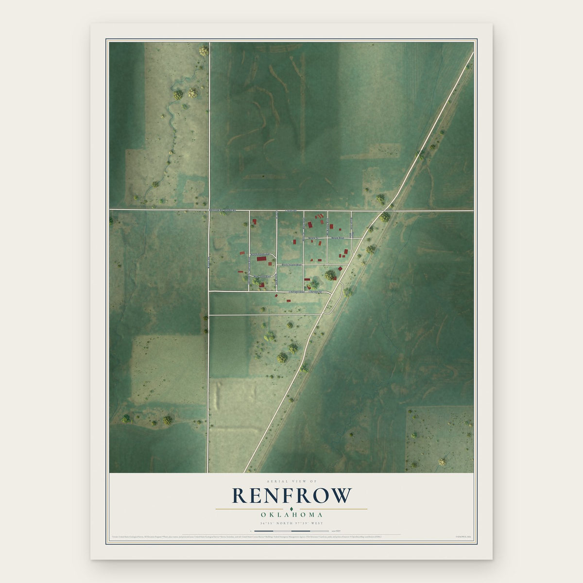 Renfrow, Oklahoma map print, the full design
