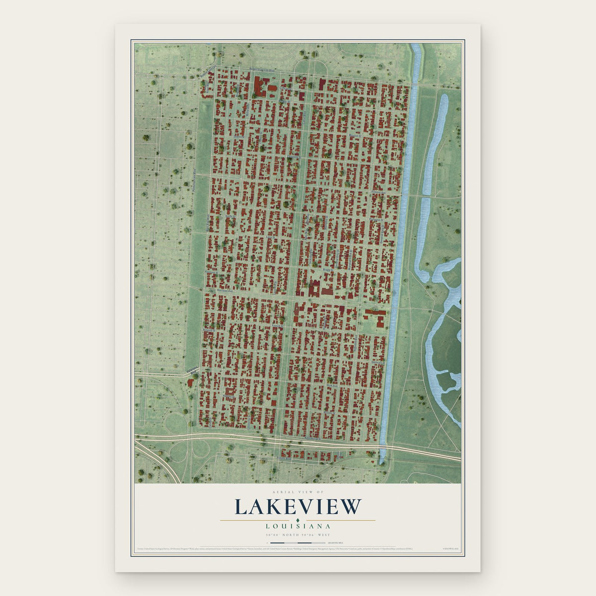 Lakeview, Louisiana map print, the full design