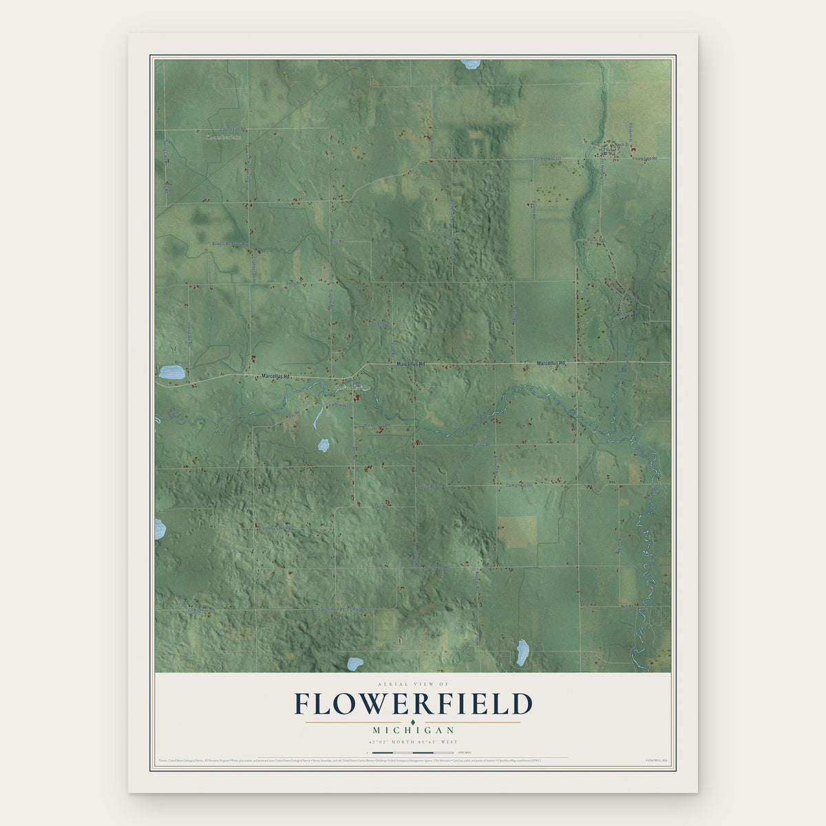 Flowerfield, Michigan map print, the full design