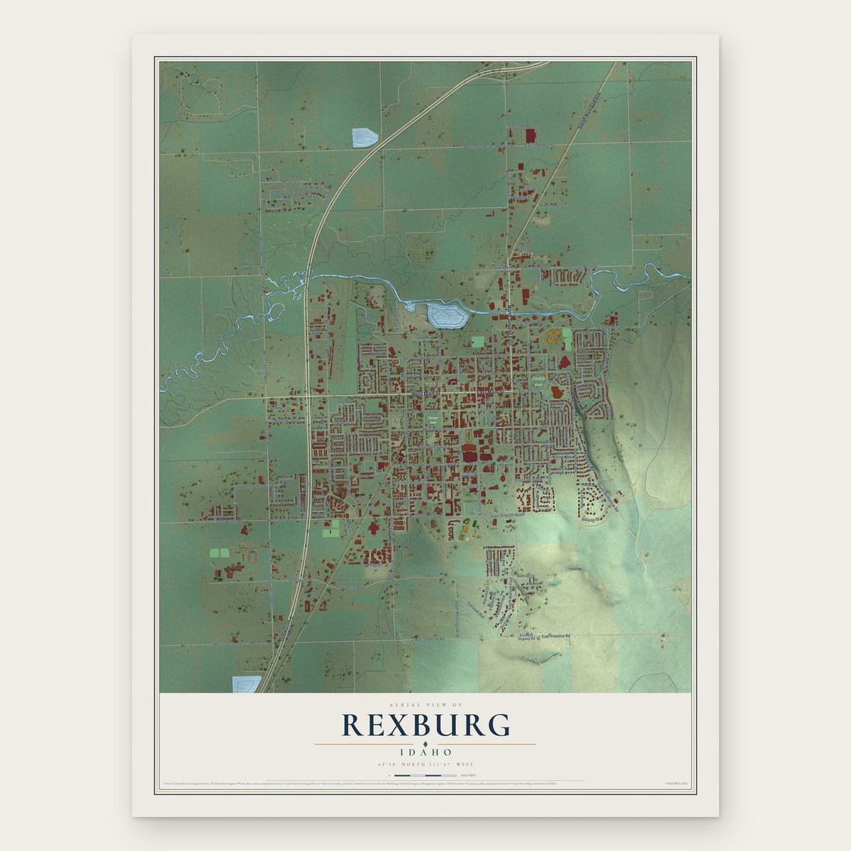 Rexburg, Idaho map print, the full design