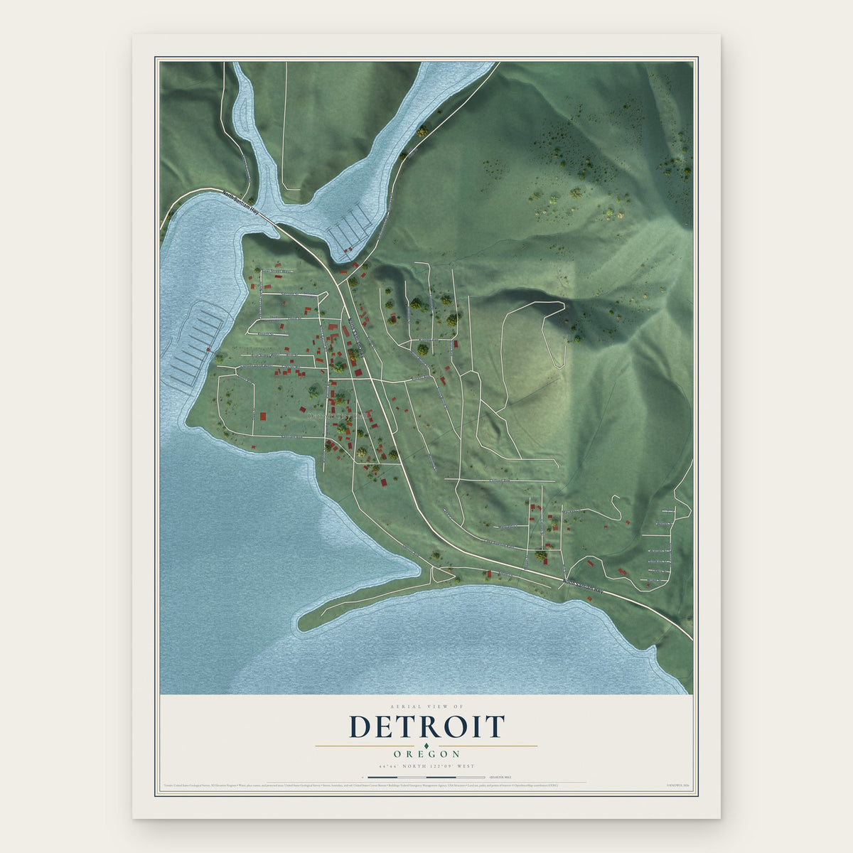 Detroit, Oregon map print, the full design