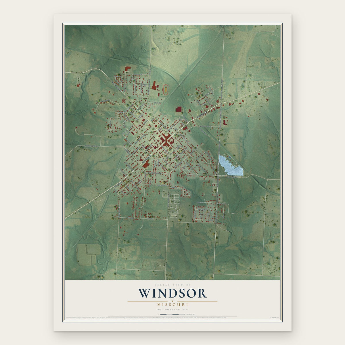 Windsor, Missouri map print, the full design