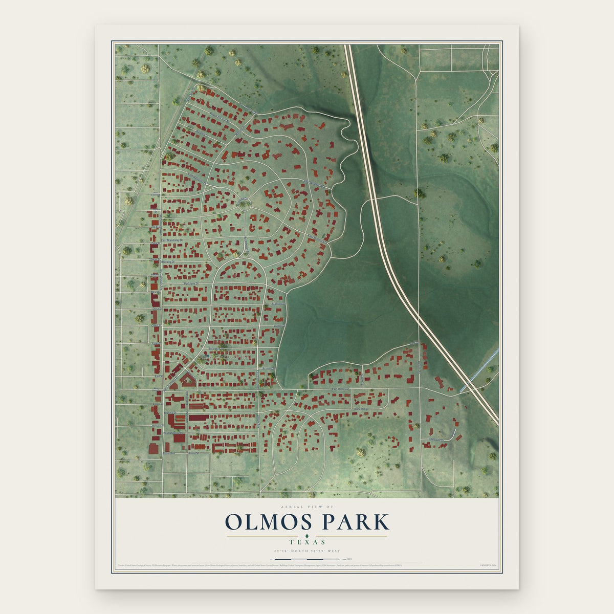 Olmos Park, Texas map print, the full design
