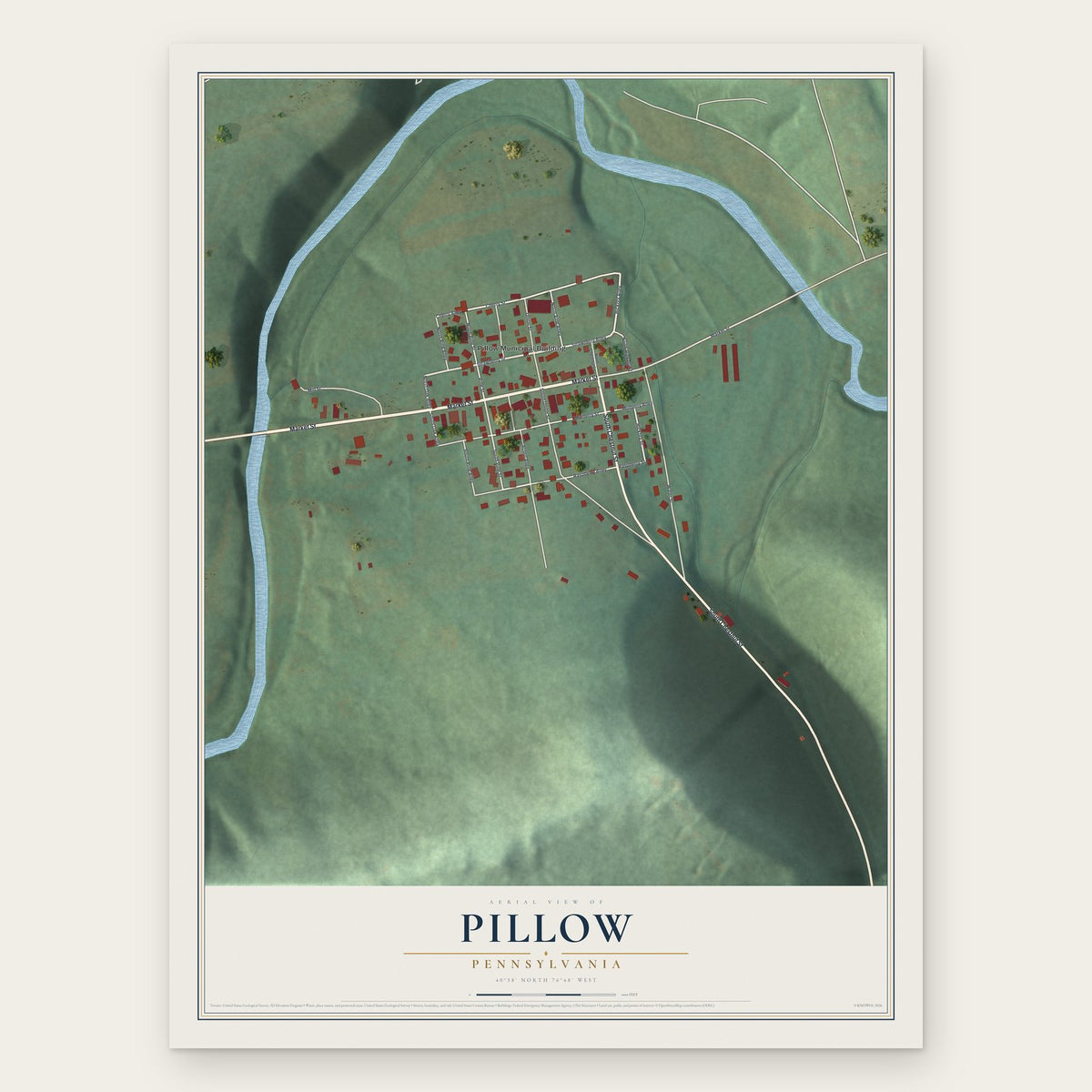 Pillow, Pennsylvania map print, the full design