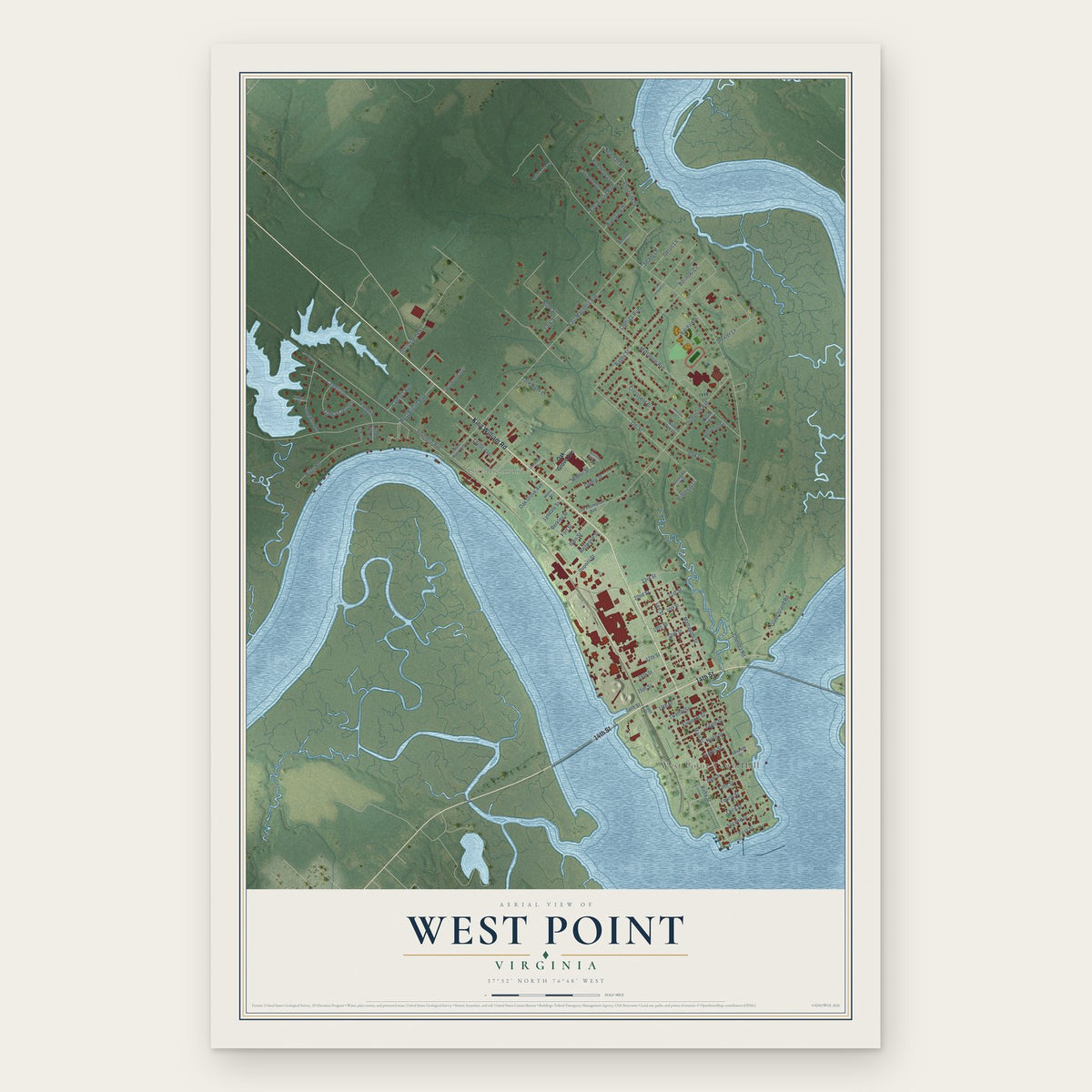 West Point, Virginia map print, the full design
