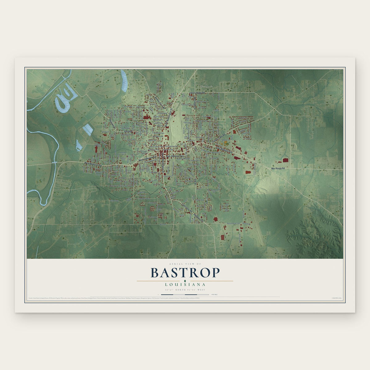 Bastrop, Louisiana map print, the full design