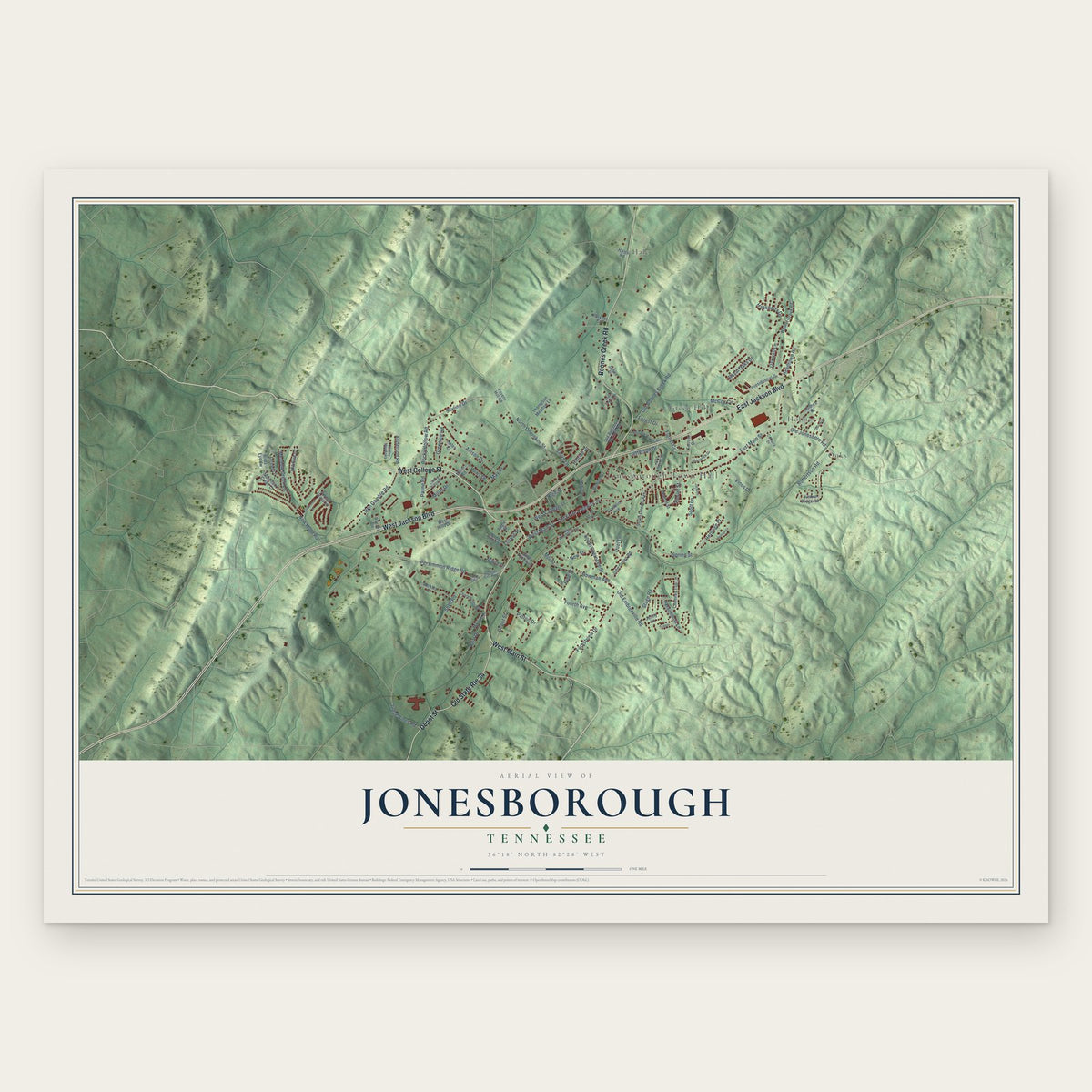 Jonesborough, Tennessee map print, the full design