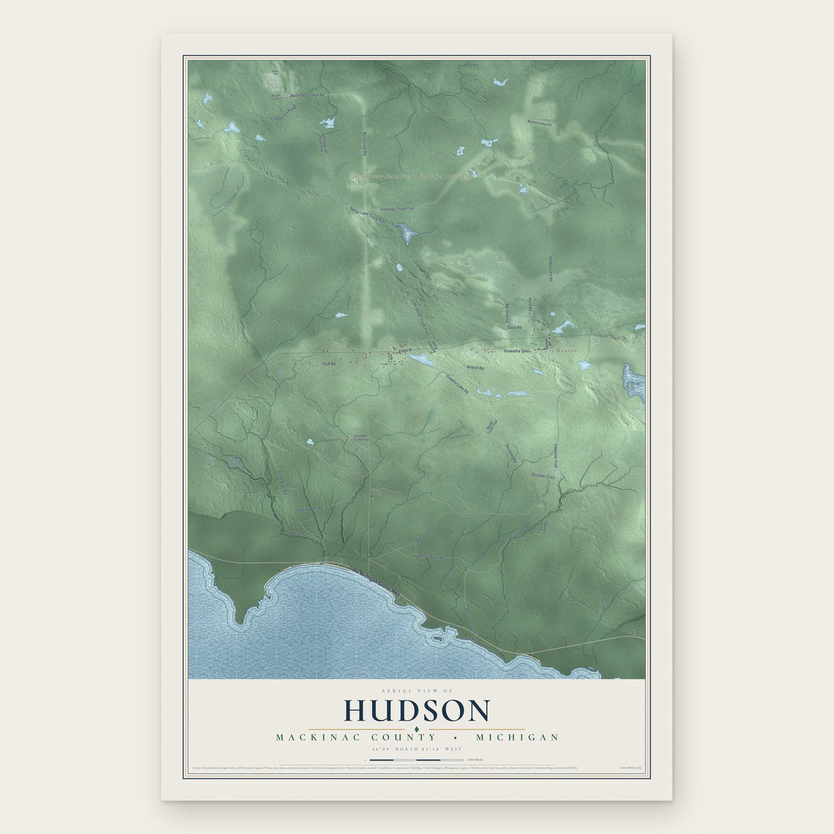 Hudson, Mackinac County, Michigan map print, the full design
