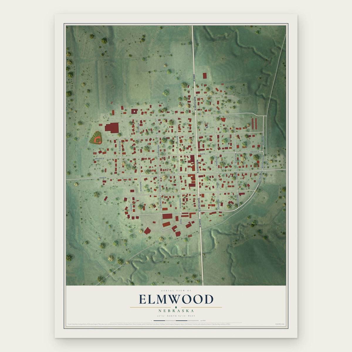 Elmwood, Nebraska map print, the full design