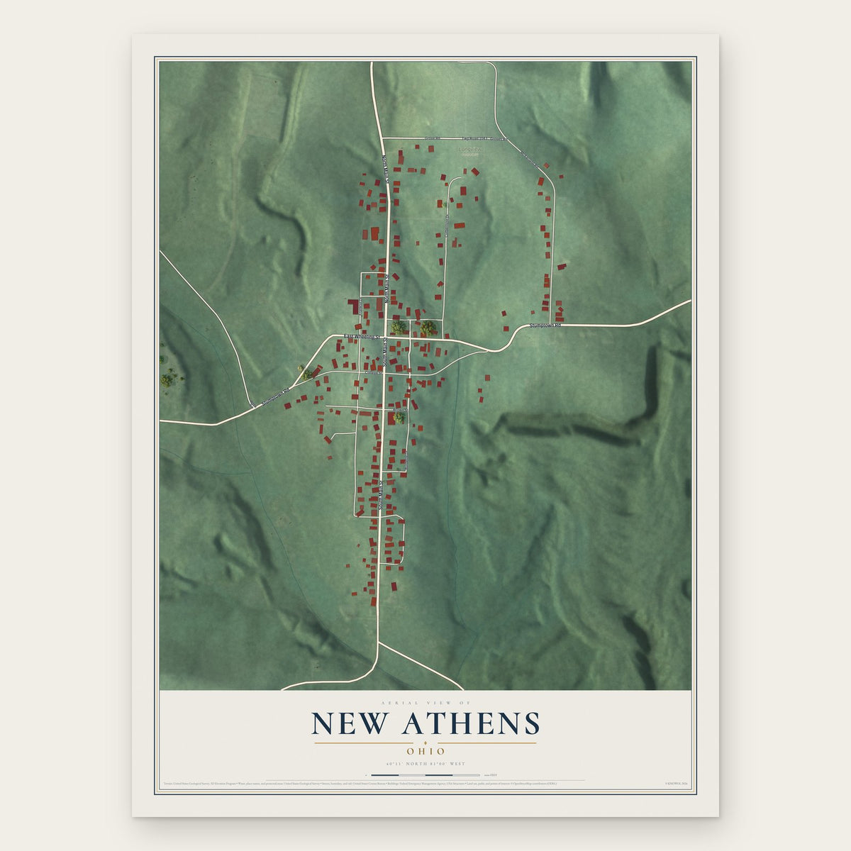 New Athens, Ohio map print, the full design