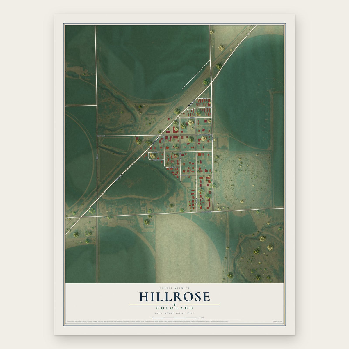 Hillrose, Colorado map print, the full design