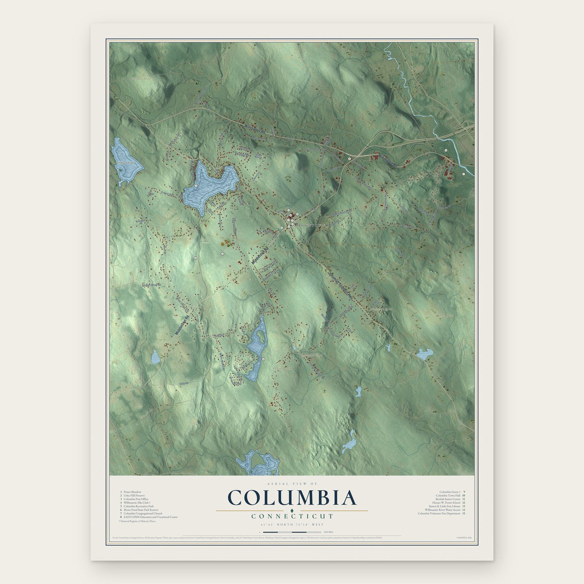 Columbia, Connecticut map print, the full design