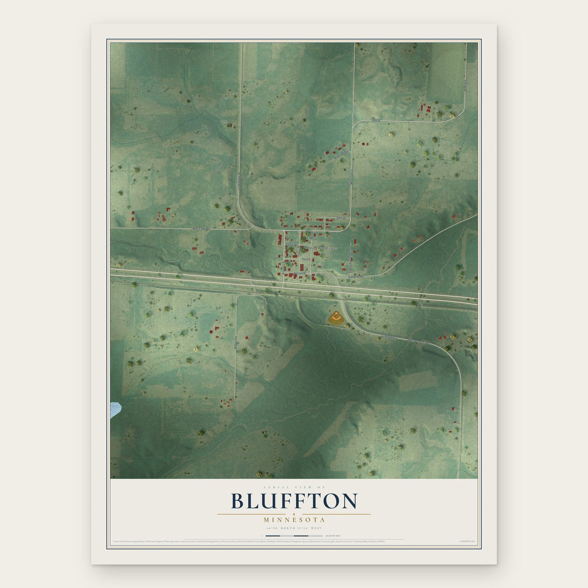 Bluffton, Minnesota map print, the full design