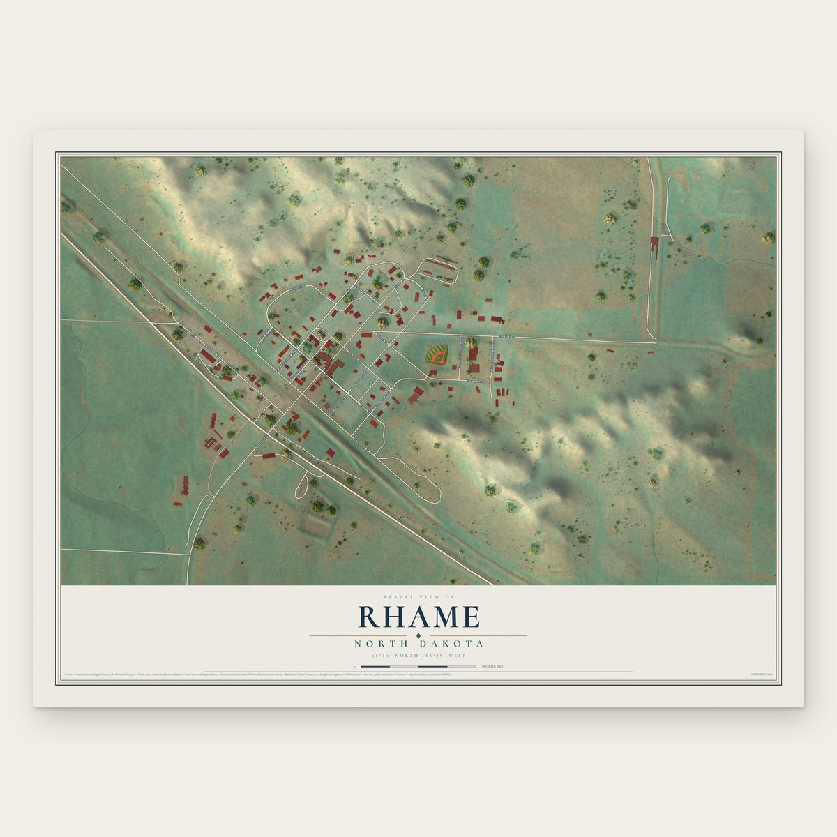 Rhame, North Dakota map print, the full design