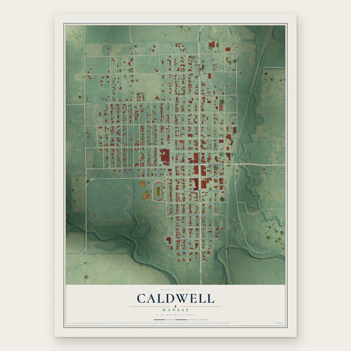 Caldwell, Kansas map print, the full design