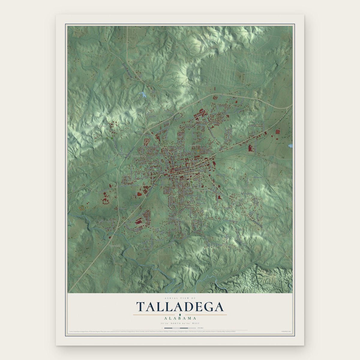 Talladega, Alabama map print, the full design