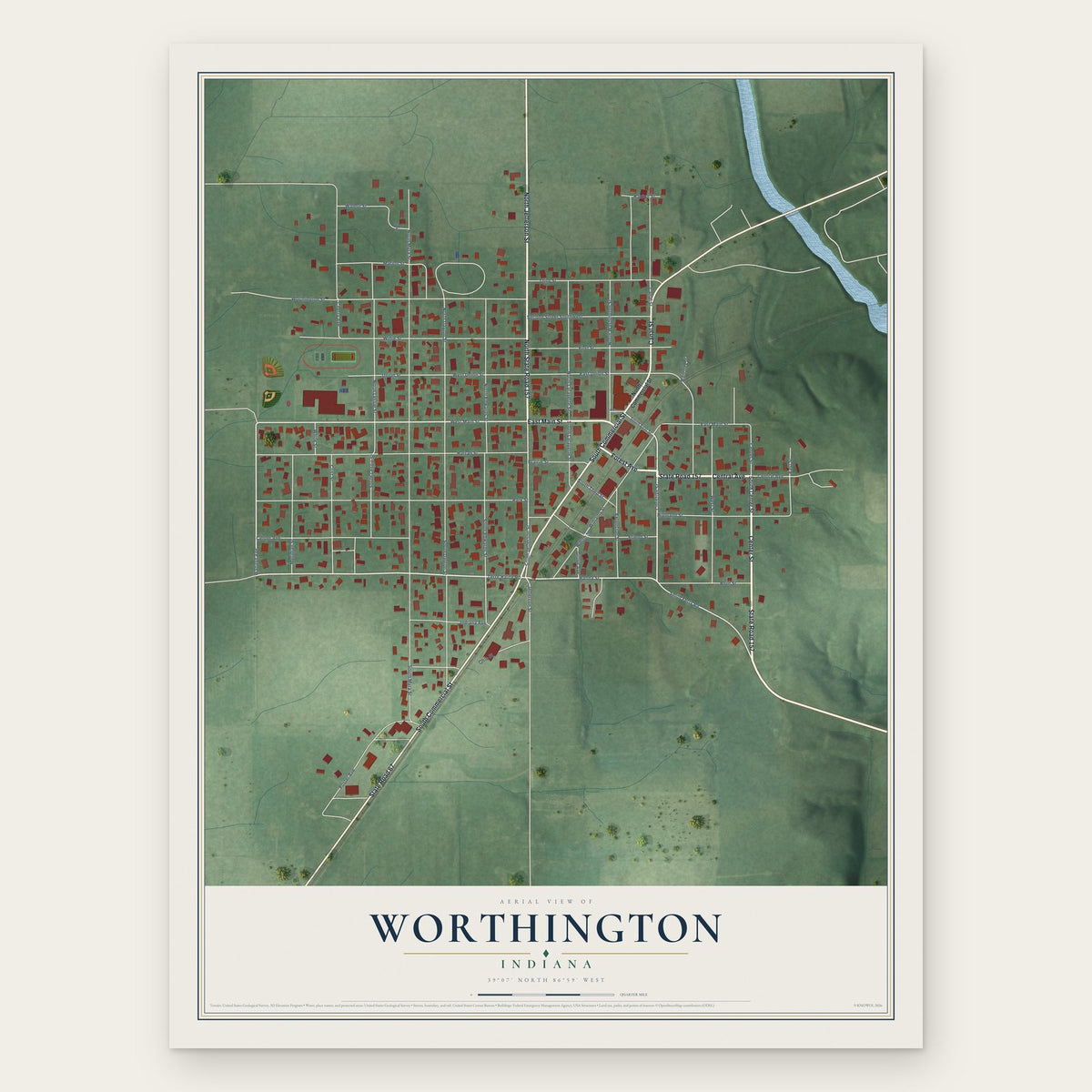 Worthington, Indiana map print, the full design