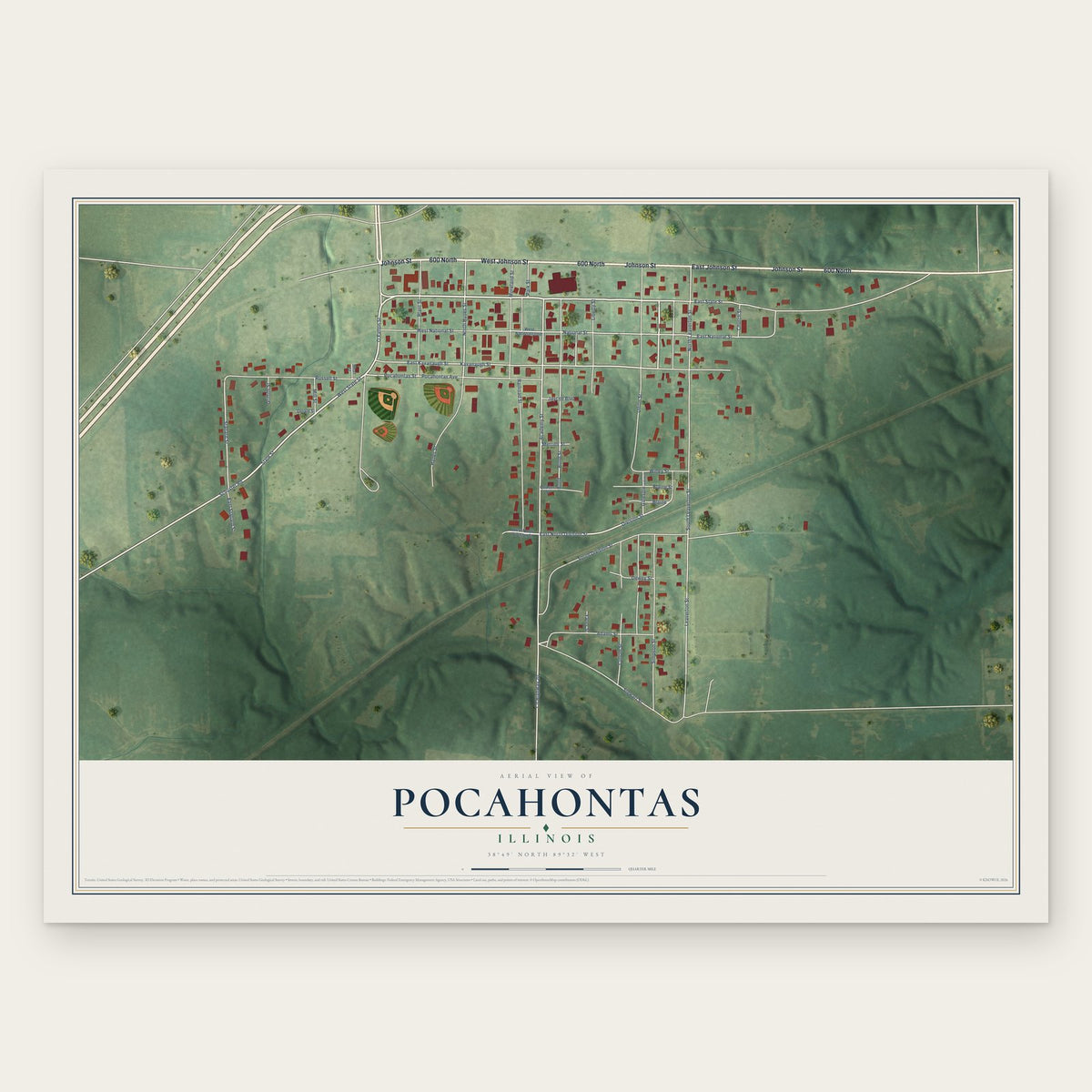 Pocahontas, Illinois map print, the full design