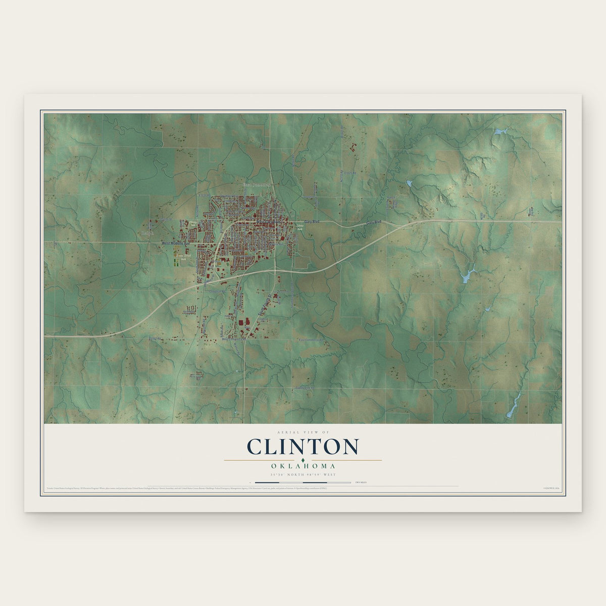 Clinton, Oklahoma map print, the full design