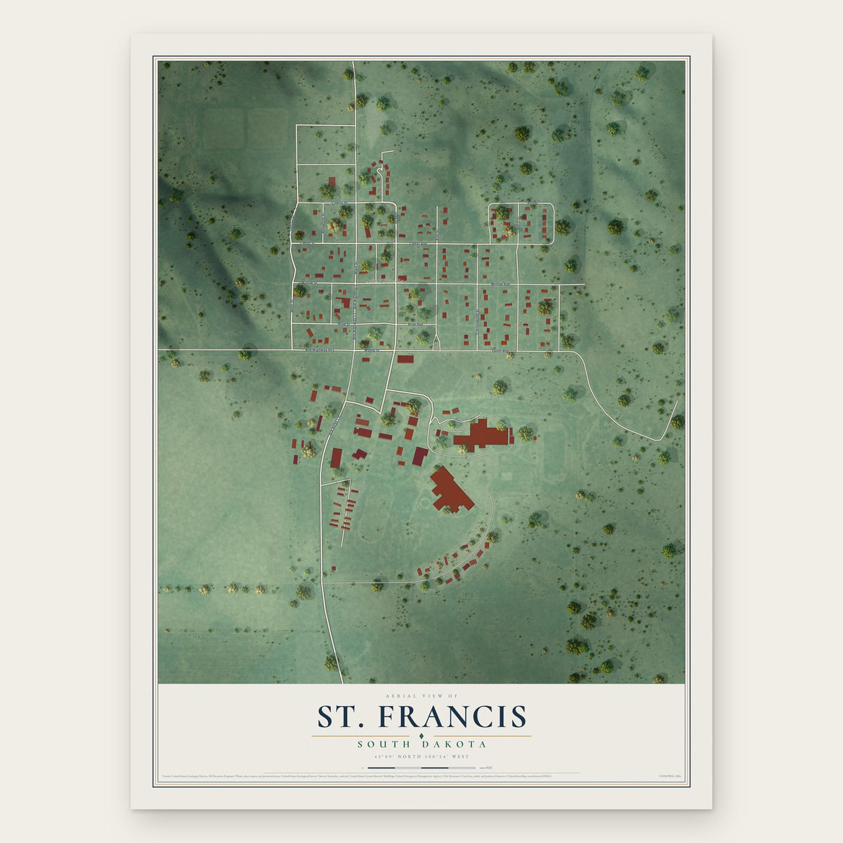 St. Francis, South Dakota map print, the full design