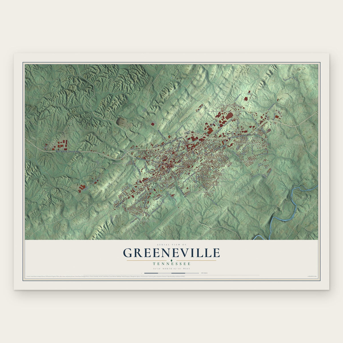 Greeneville, Tennessee map print, the full design