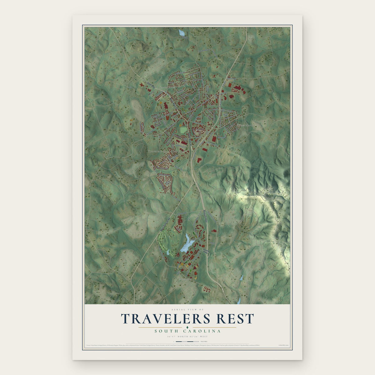 Travelers Rest, South Carolina map print, the full design