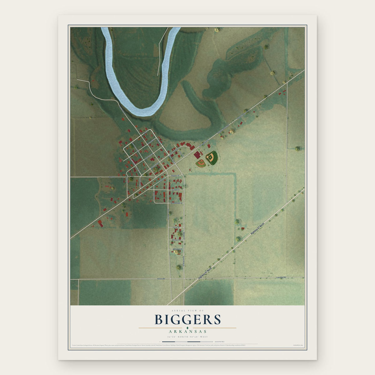 Biggers, Arkansas map print, the full design