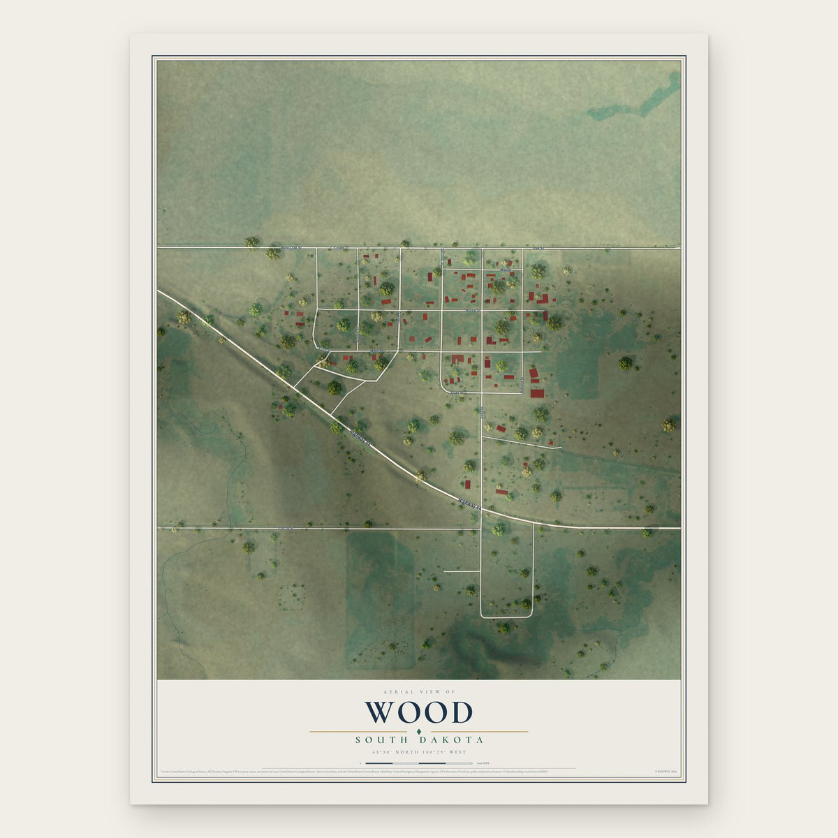 Wood, South Dakota map print, the full design