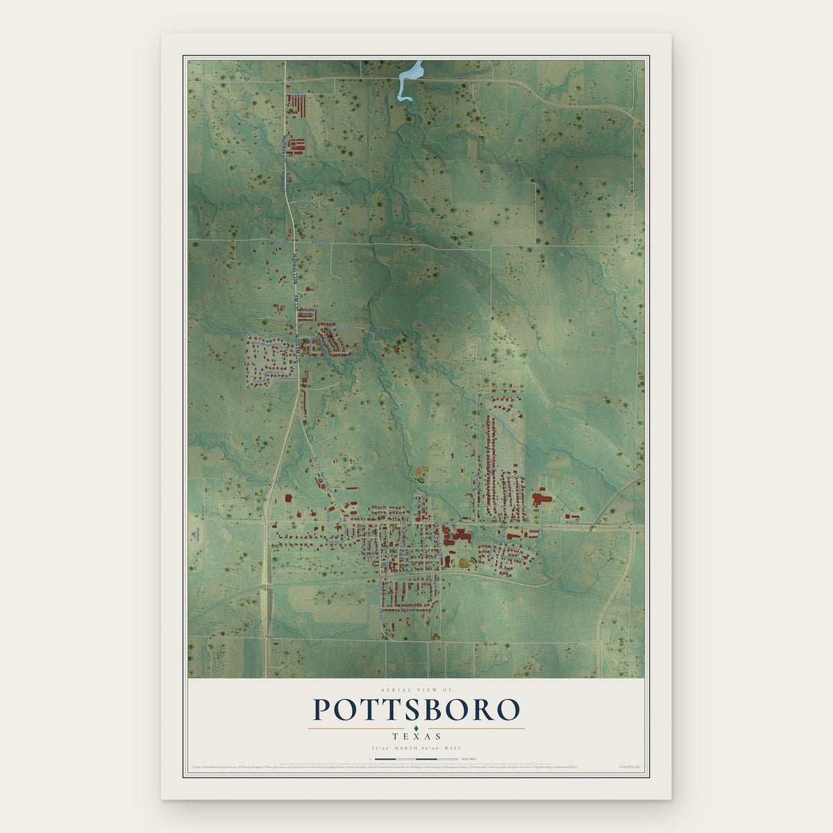 Pottsboro, Texas map print, the full design
