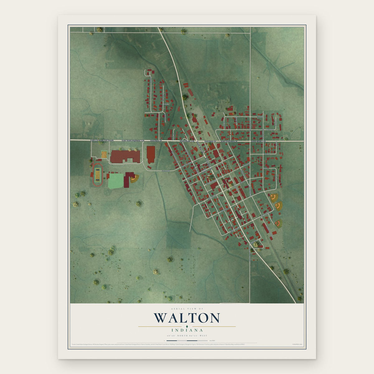 Walton, Indiana map print, the full design