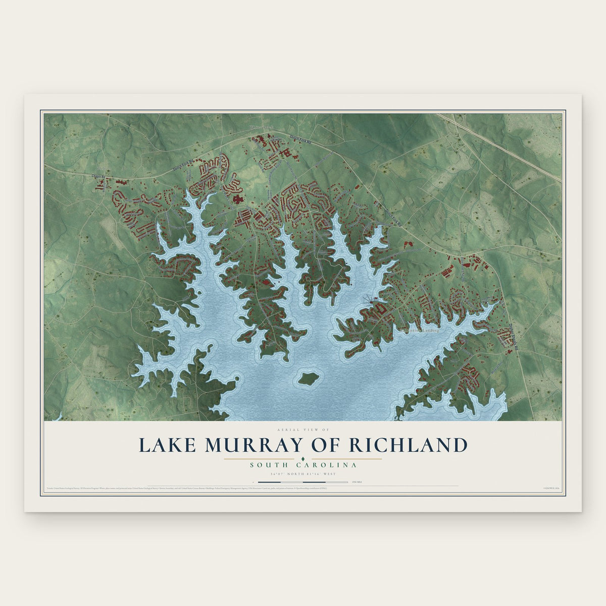 Lake Murray of Richland, South Carolina map print, the full design