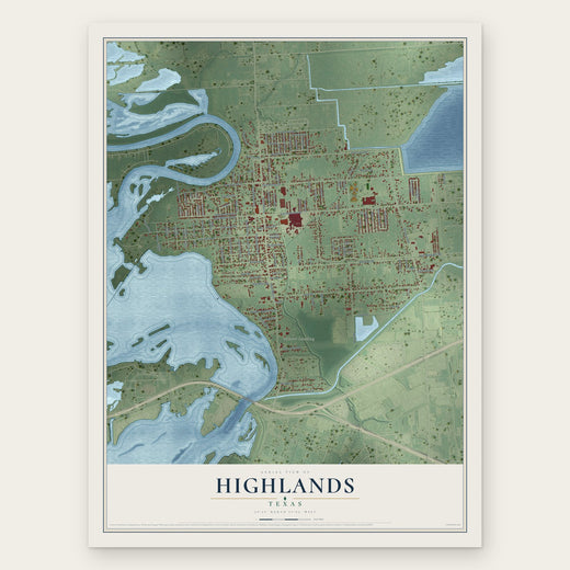 Highlands, Texas map print, the full design