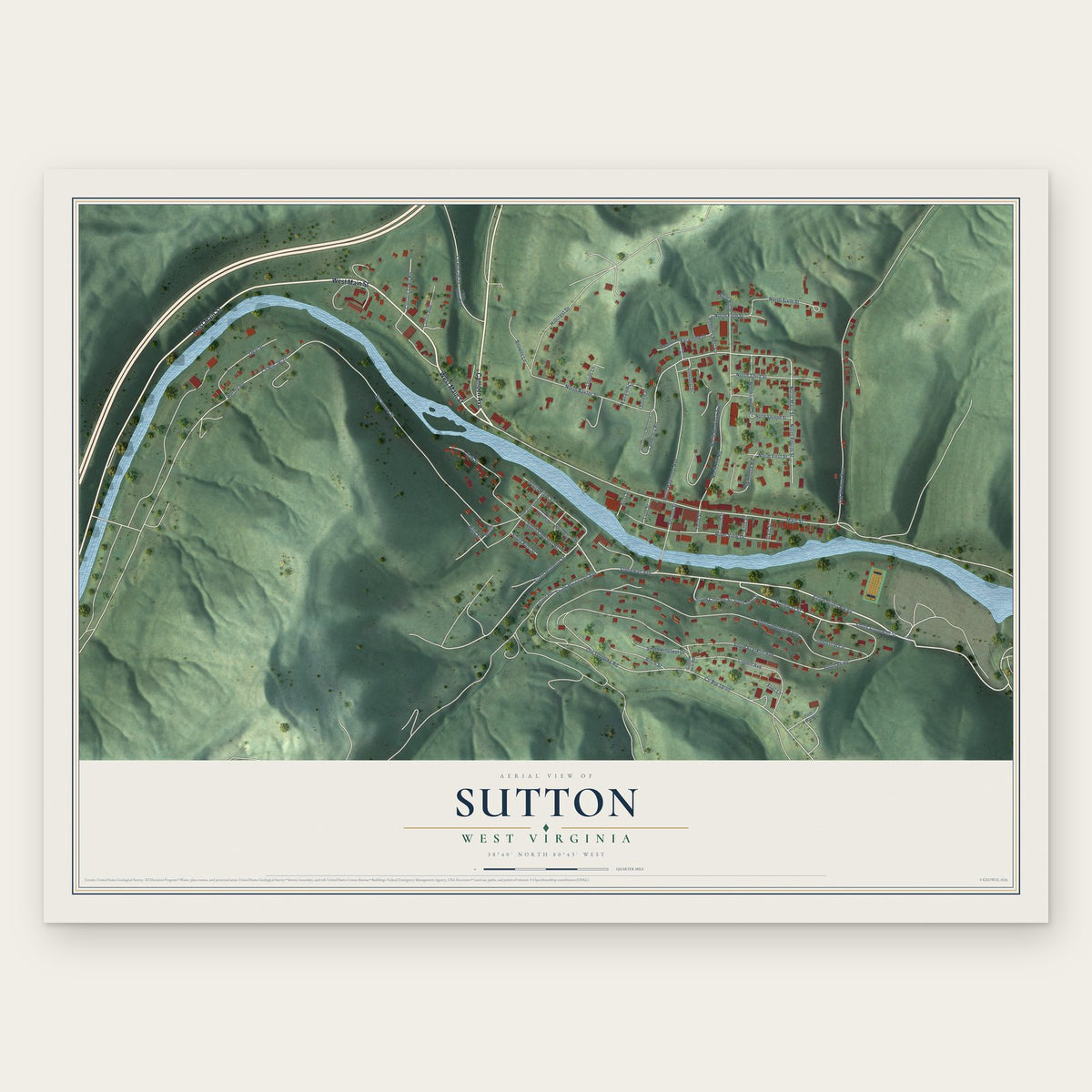 Sutton, West Virginia map print, the full design