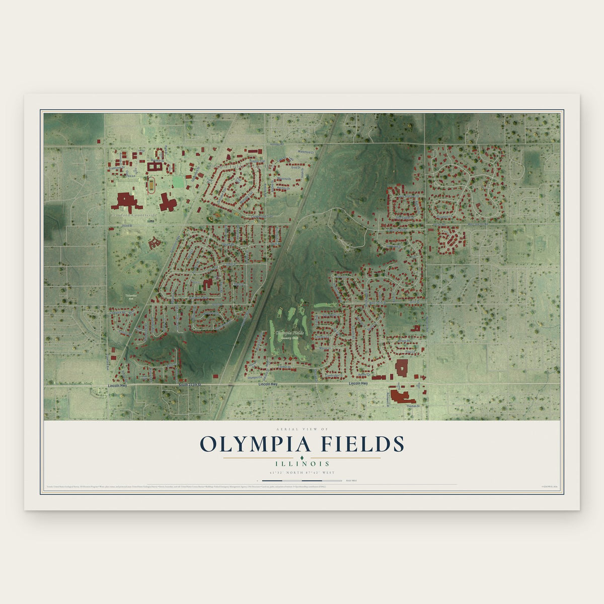Olympia Fields, Illinois map print, the full design